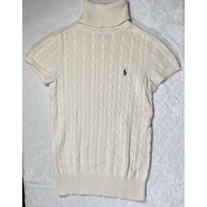 Ralph Lauren Sport Cable Knit Turtleneck Sweater Short Sleeve Ivory Women's M